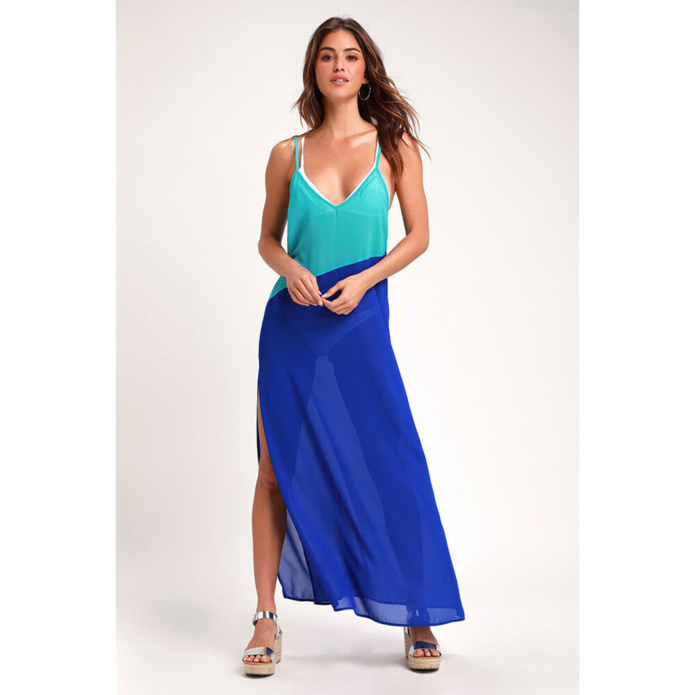 Lulus Seaside Retreat Turquoise And Cobalt Blue Maxi Cover-up - Size M